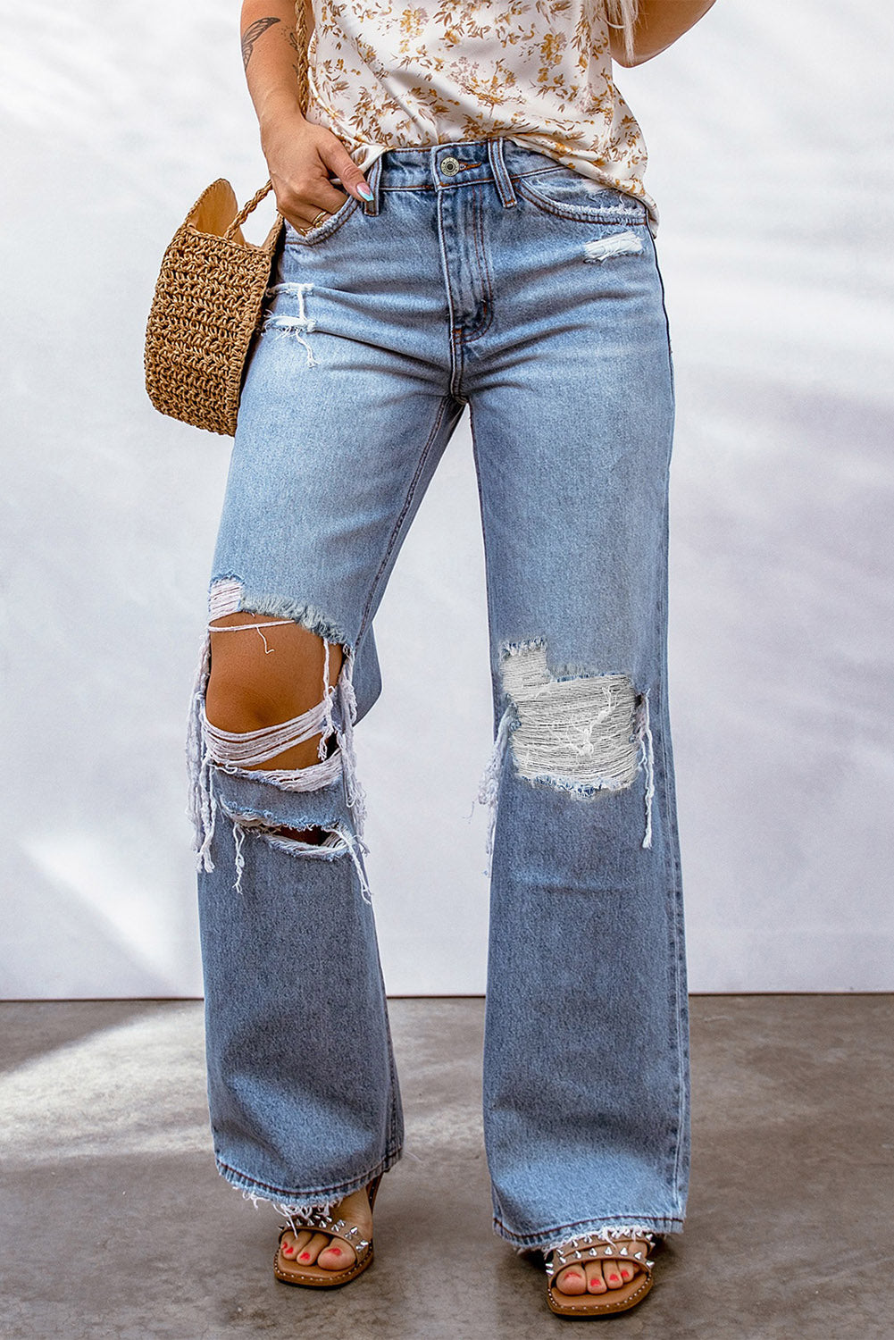 Honeybee Mumford's Sky Blue Destroyed Open Knee Wide Leg Jeans