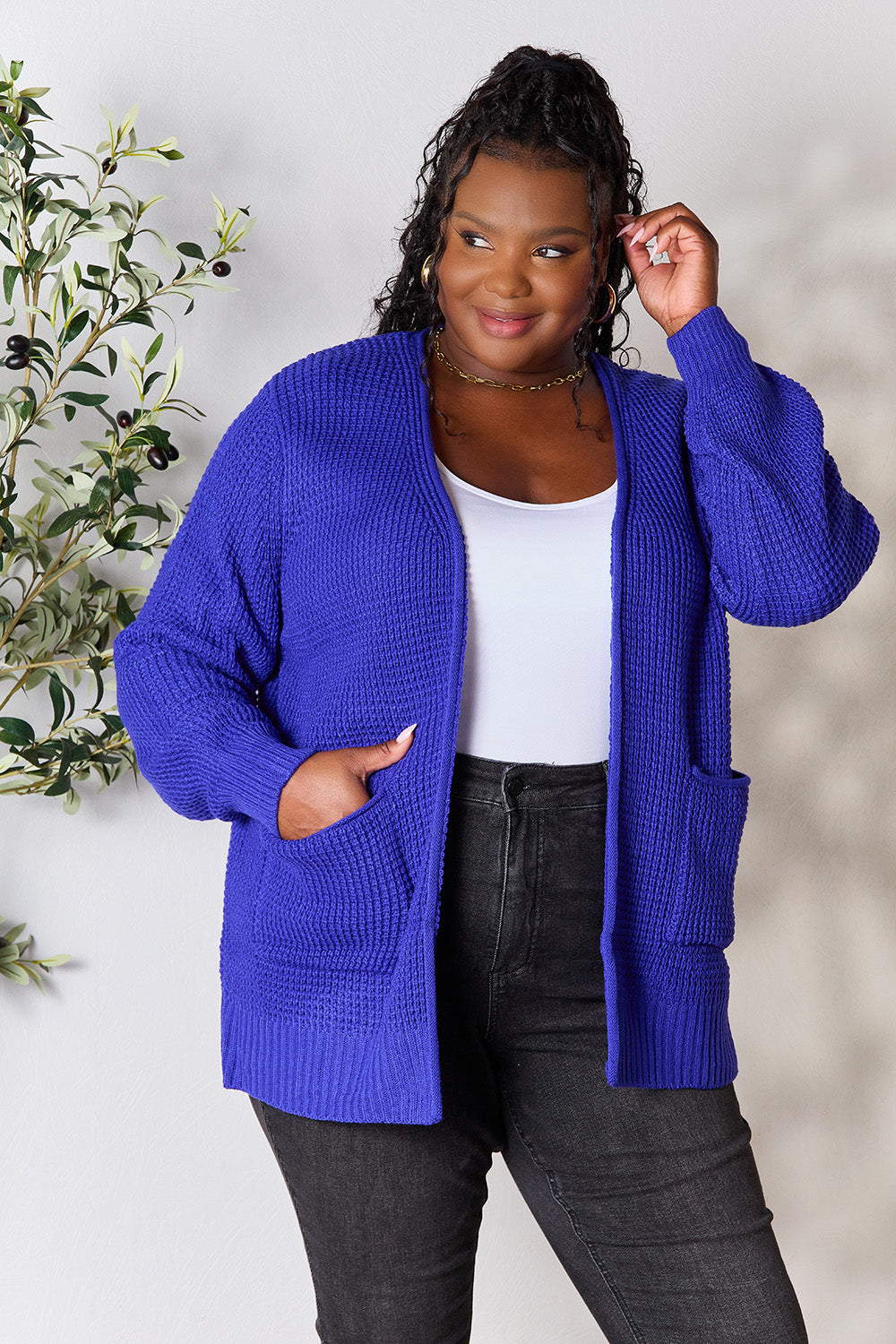 Honeybee Mumford's Full Size Waffle-Knit Open Front Cardigan