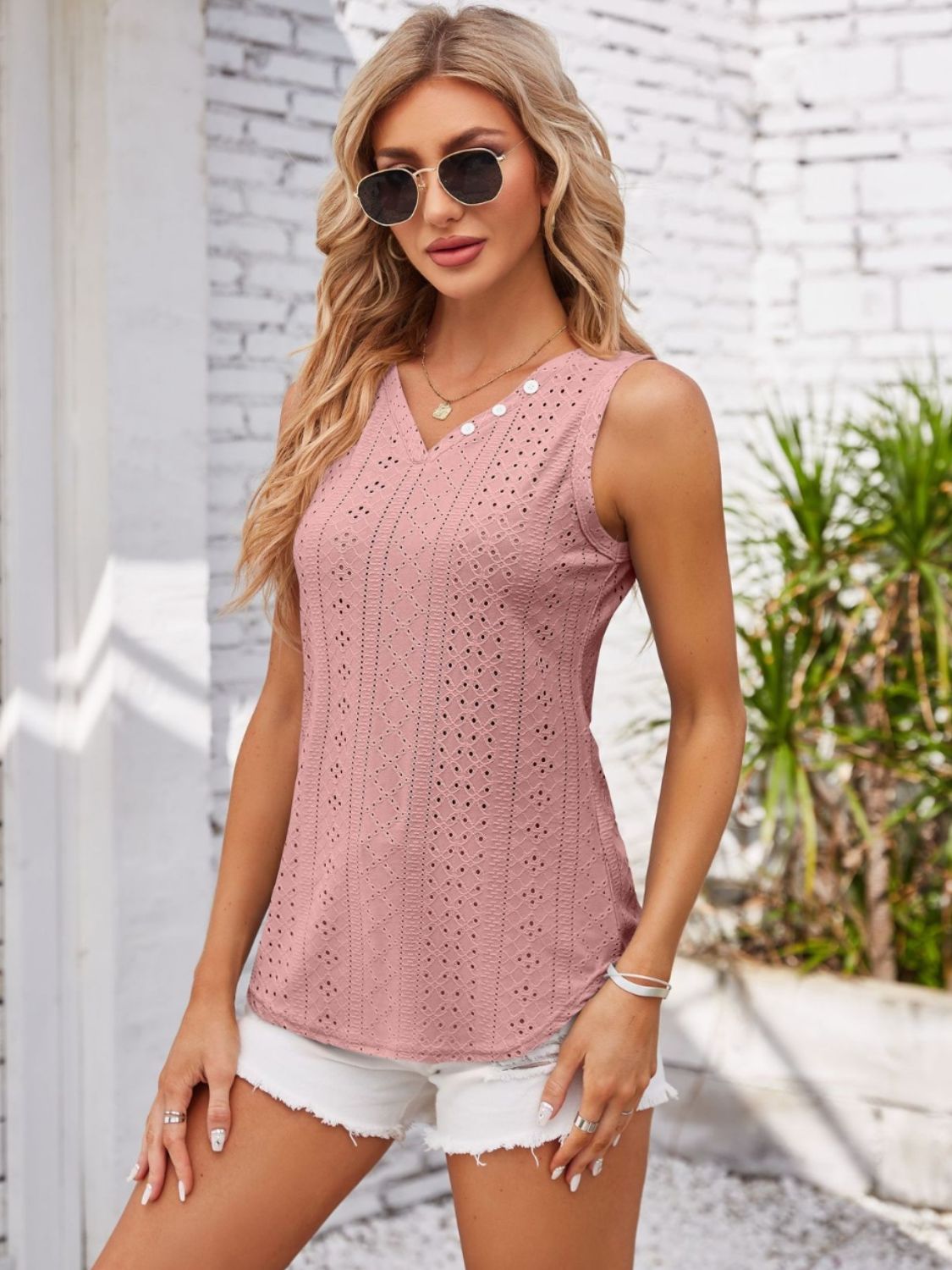 Honeybee Mumford's Eyelet Decorative Button V-Neck Tank