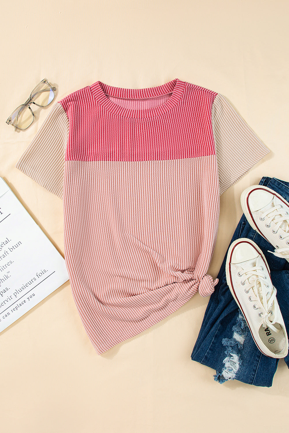 Honeybee Mumford's Pink Rib Textured Colorblock T Shirt