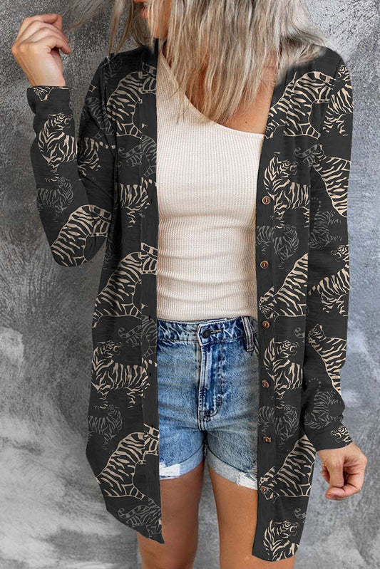 Honeybee Mumford's Tiger Print Button Up Long Sleeve Cardigan