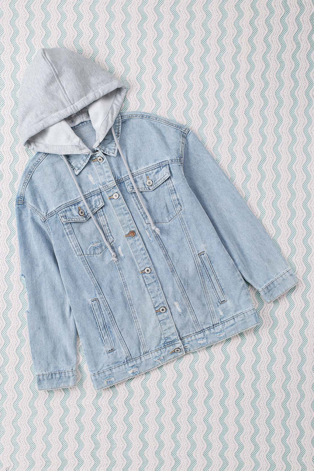 Honeybee Mumford's Sky Blue Button Closure Ripped Hooded Denim Jacket