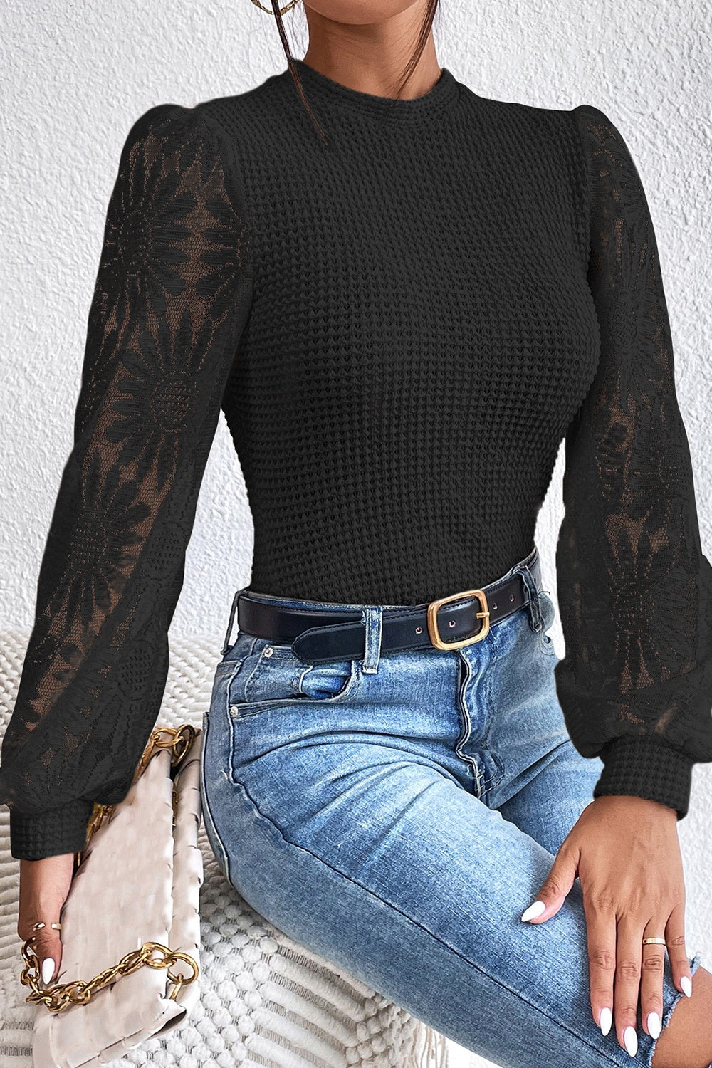 Honeybee Mumford's Floral Lace Detail Lantern Sleeve Blouse