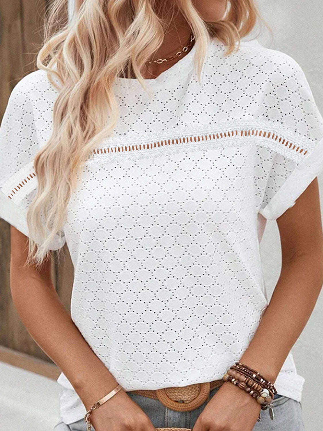 Honeybee Mumford's Eyelet Round Neck Short Sleeve Blouse