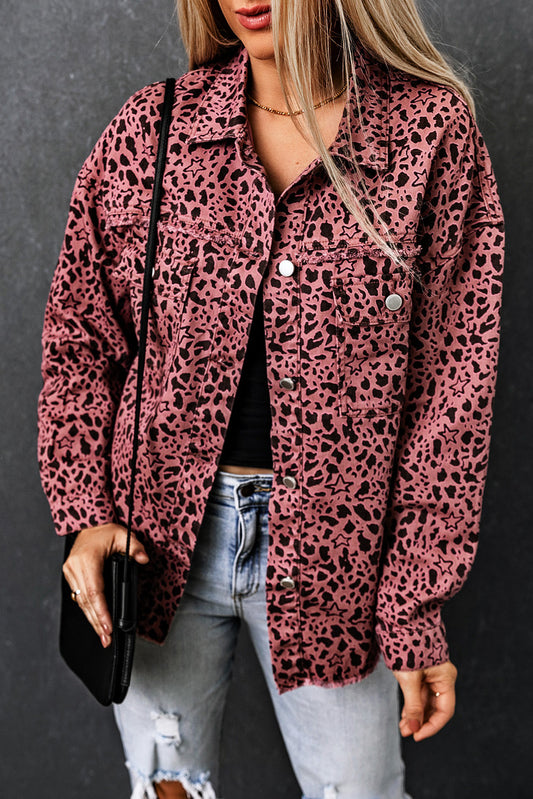 Honeybee Mumford's Leopard Raw Hem Button Up Denim Jacket