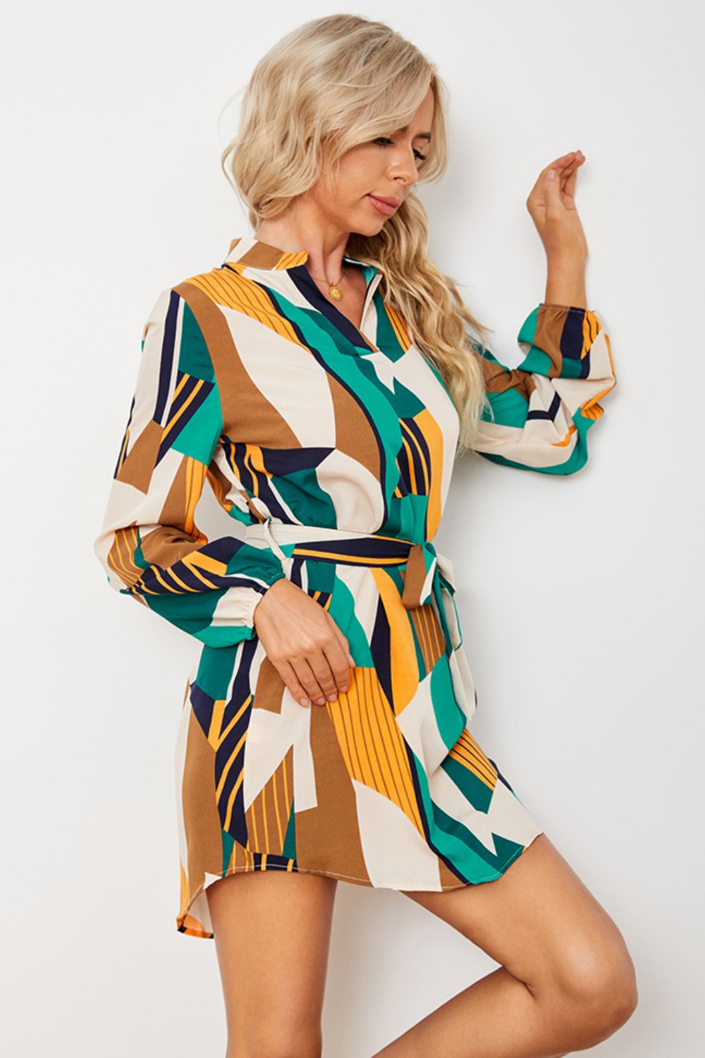 Honeybee Mumford's Geometric Print Belted Curved Hem Dress