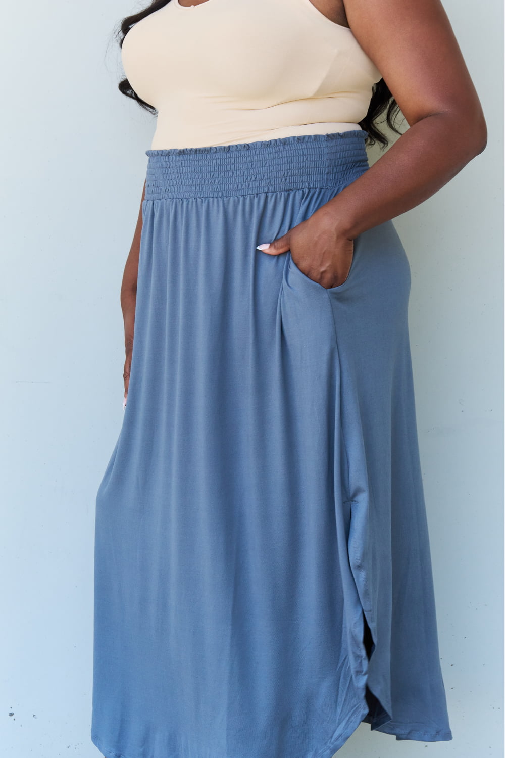 Honeybee Mumford's Full Size High Waist Scoop Hem Maxi Skirt in Dusty Blue