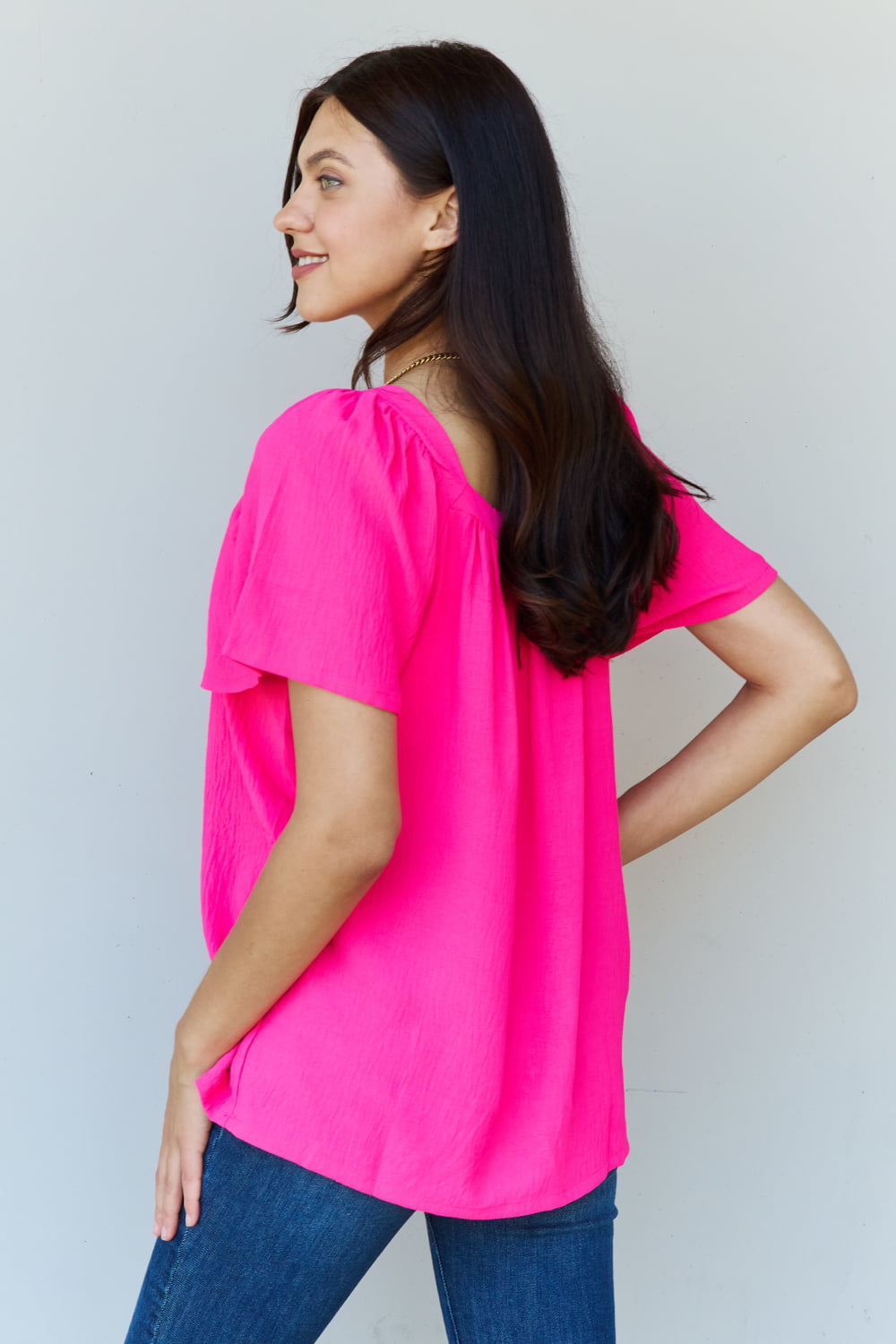 Honeybee Mumford's Keep Me Close Square Neck Short Sleeve Blouse in Fuchsia