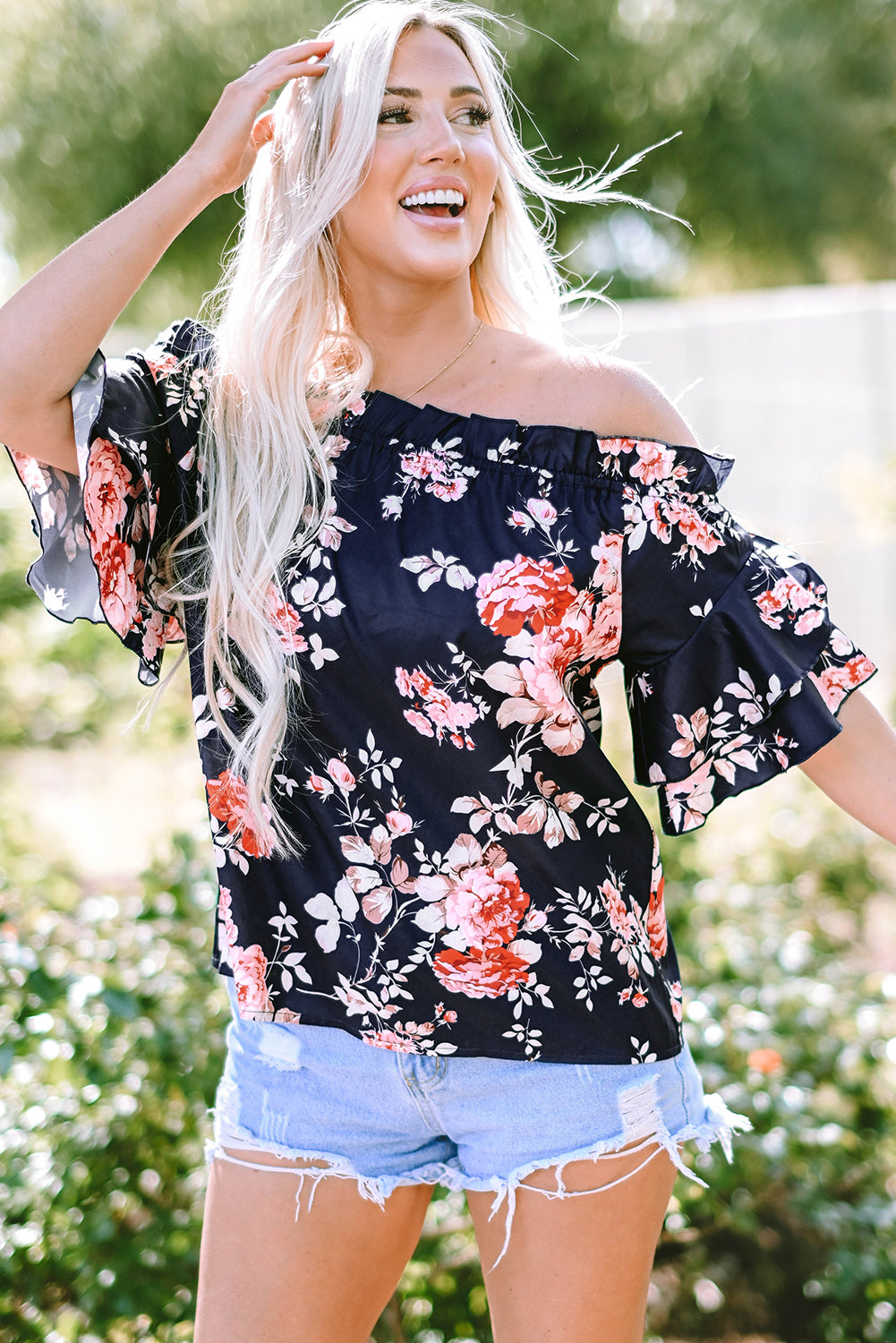 honeybee Mumford's Blue Ruffle Off Shoulder Flounce Sleeve Floral Blouse