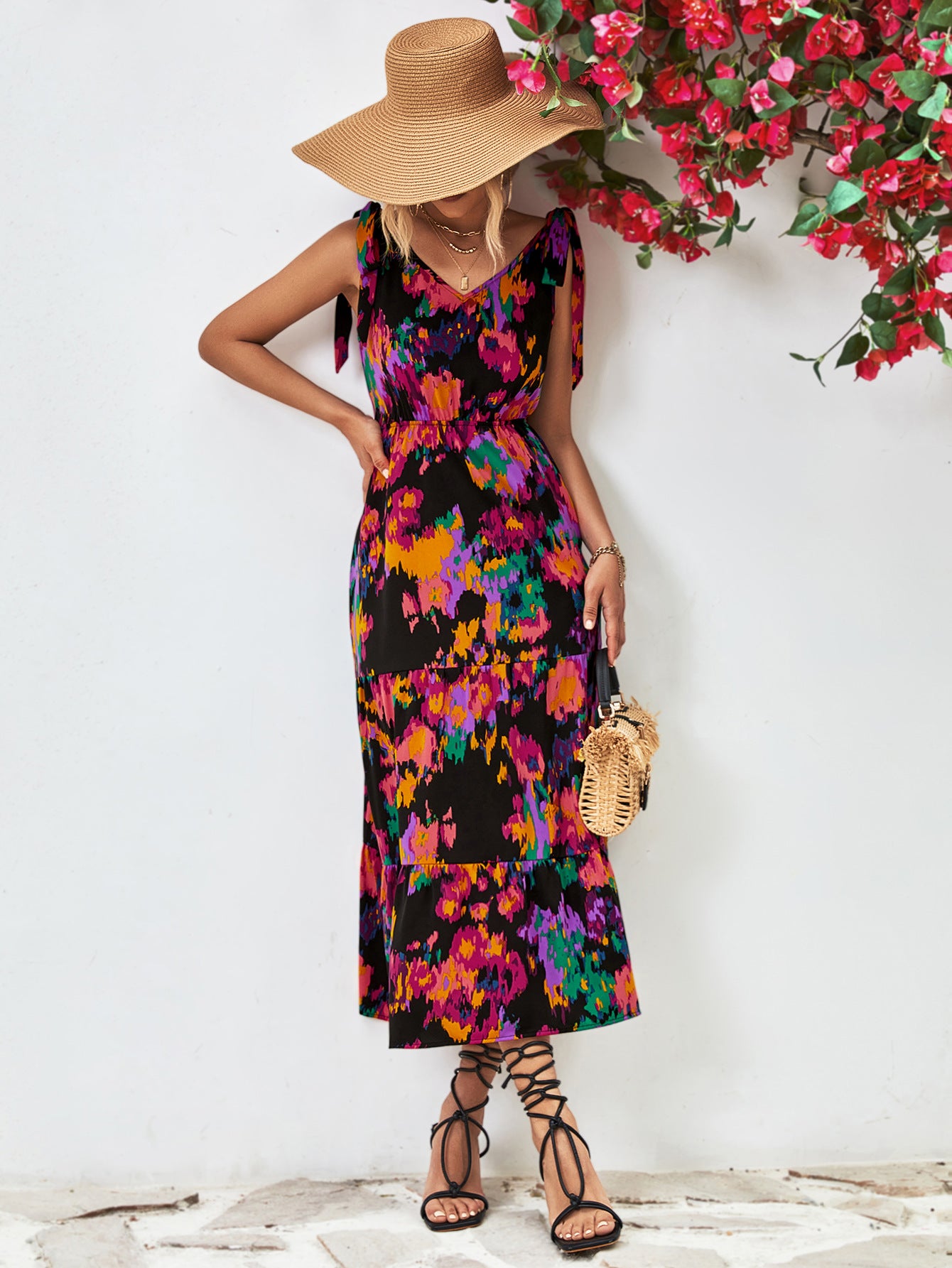 Honeybee Mumford's Multicolored V-Neck Backless Midi Dress