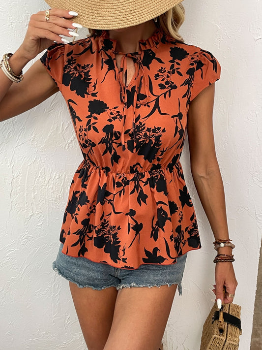 Honeybee Mumford's Printed Tie Neck Cap Sleeve Blouse