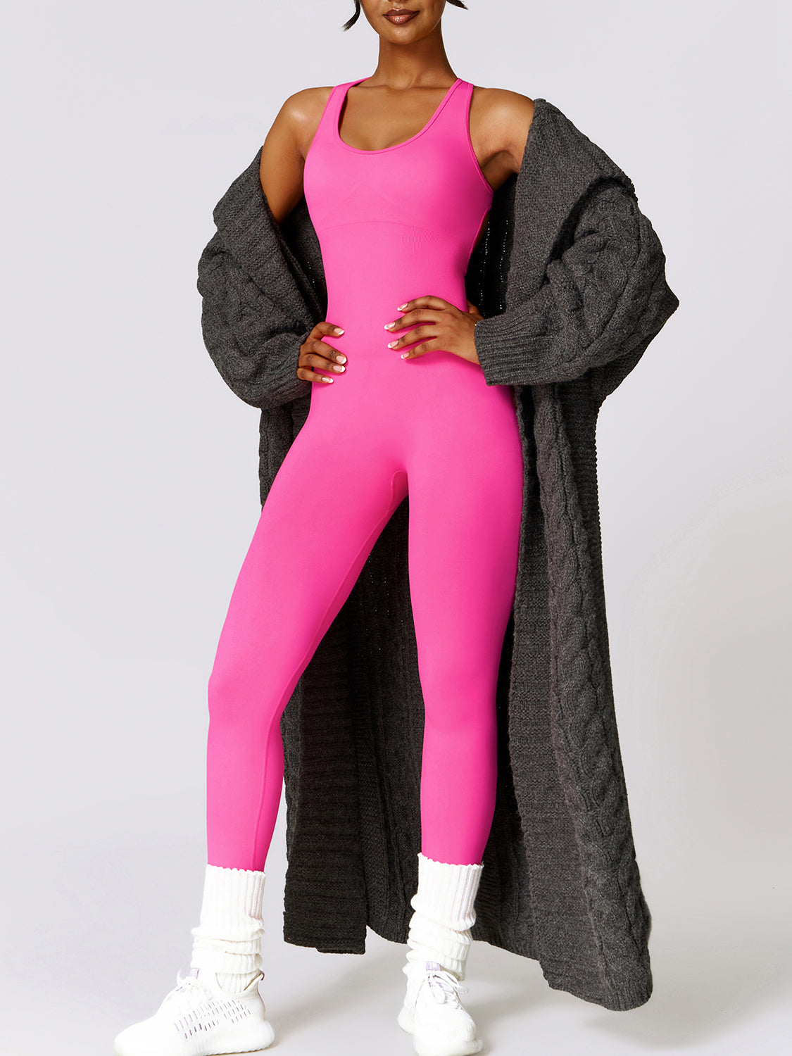 honeybee Mumford's Sleeveless Cutout Racerback Active Jumpsuit (Hot Pink , Black, Brown and more)