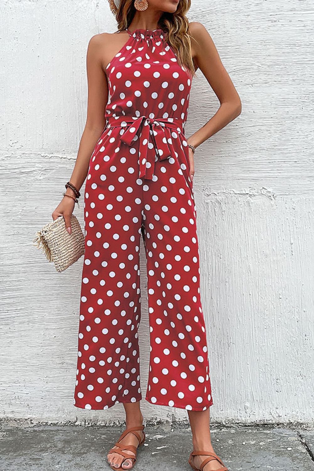 Honeybee Mumford's Polka Dot Grecian Wide Leg Jumpsuit