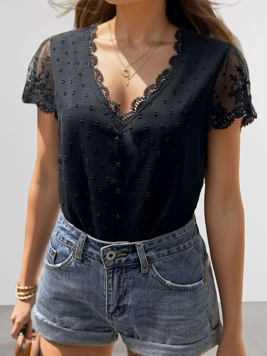 Honeybee Mumford's Swiss Dot Lace Detail V-Neck Cap Sleeve Blouse