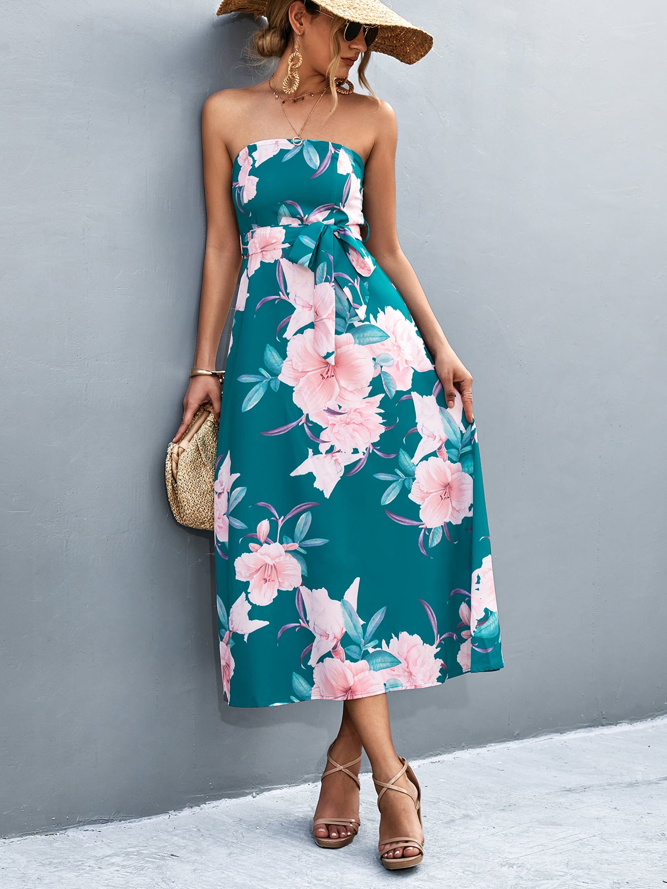 Honeybee Mumford's Floral Print Tie Waist Straight Neck Midi Dress