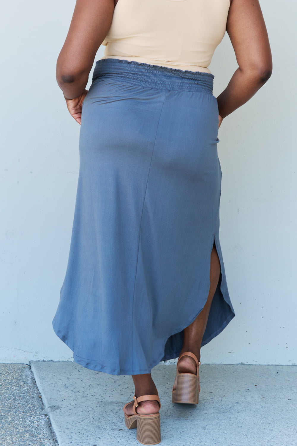 Honeybee Mumford's Full Size High Waist Scoop Hem Maxi Skirt in Dusty Blue