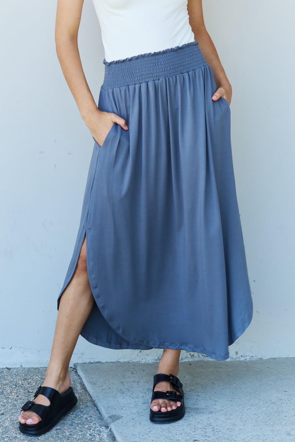 Honeybee Mumford's Full Size High Waist Scoop Hem Maxi Skirt in Dusty Blue