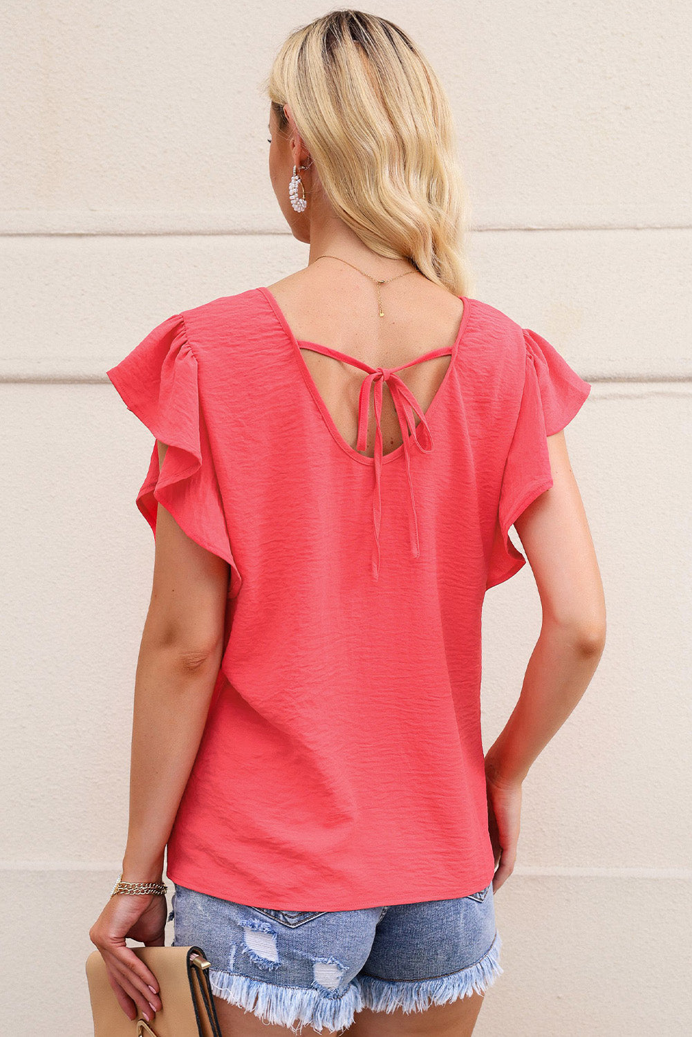 Honeybee Mumford's V-Neck Tied Flutter Sleeve Blouse