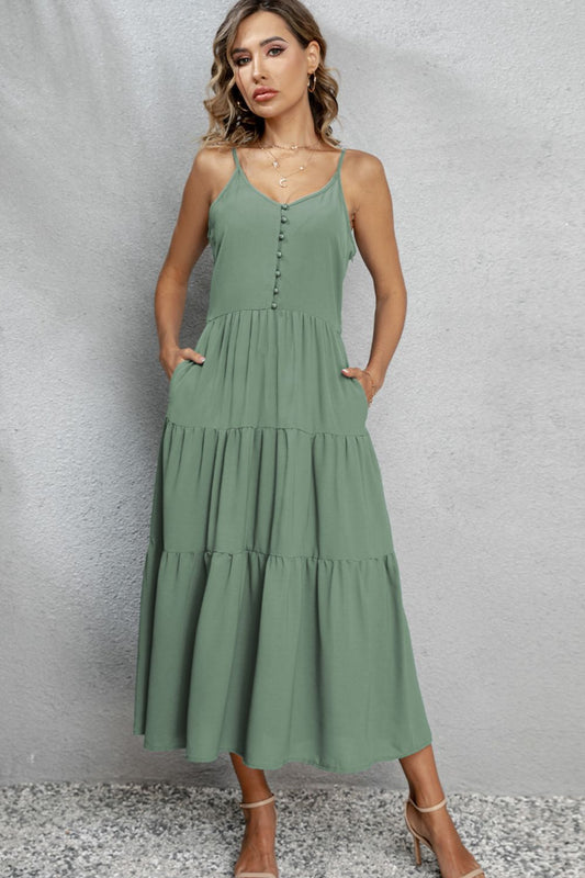 Honeybee Mumford's V-Neck Sleeveless Spaghetti Straps Midi Dress