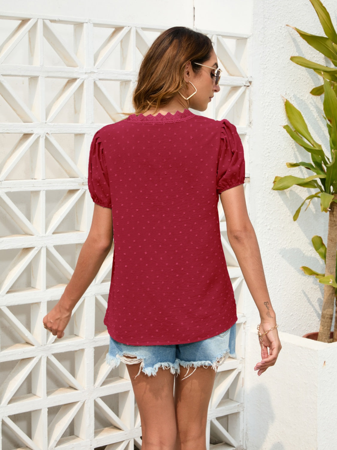 Honeybee Mumford's Swiss Dot Lace Detail V-Neck Blouse