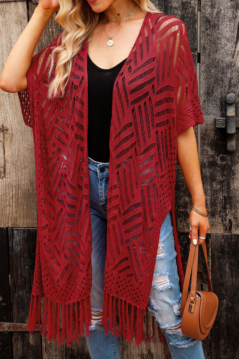 Honeybee Mumford's Openwork Open Front Cardigan with Fringes