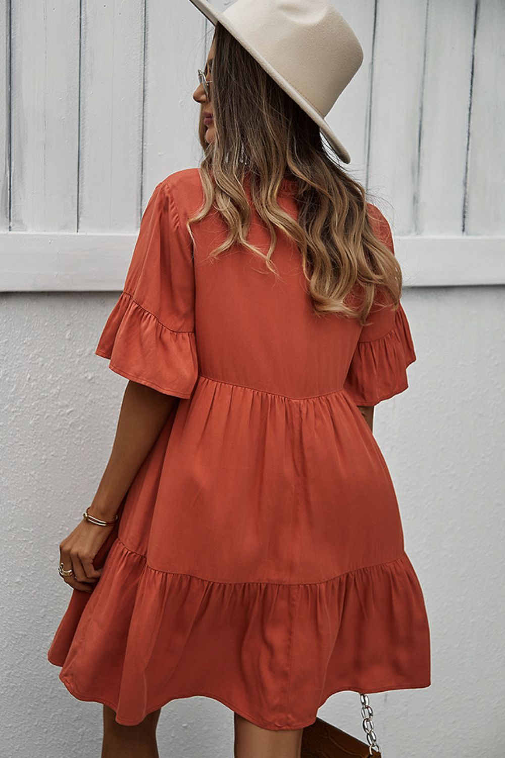 Honeybee Mumford's Buttoned Tie Neck Tiered Dress