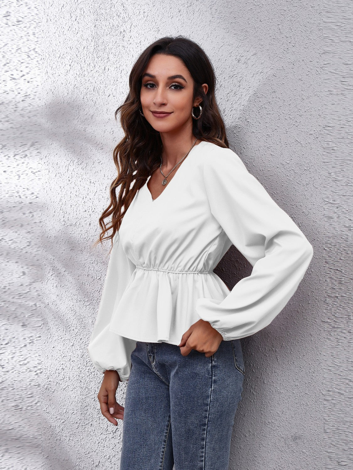 Honeybee Mumford's V-Neck Balloon Sleeve Peplum Blouse