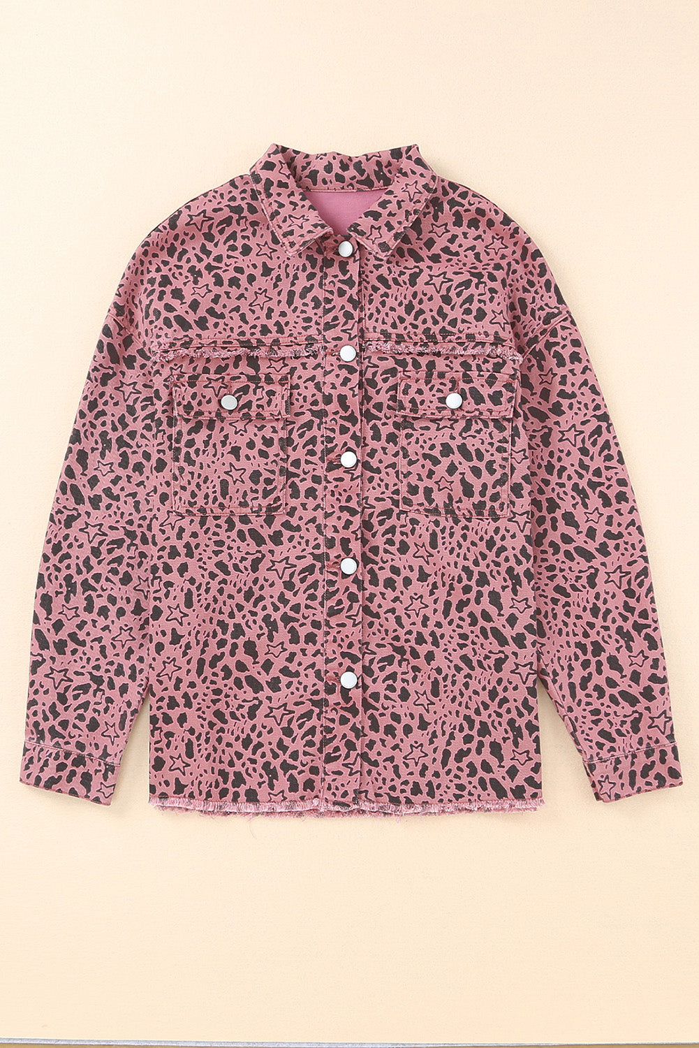 Honeybee Mumford's Leopard Raw Hem Button Up Denim Jacket