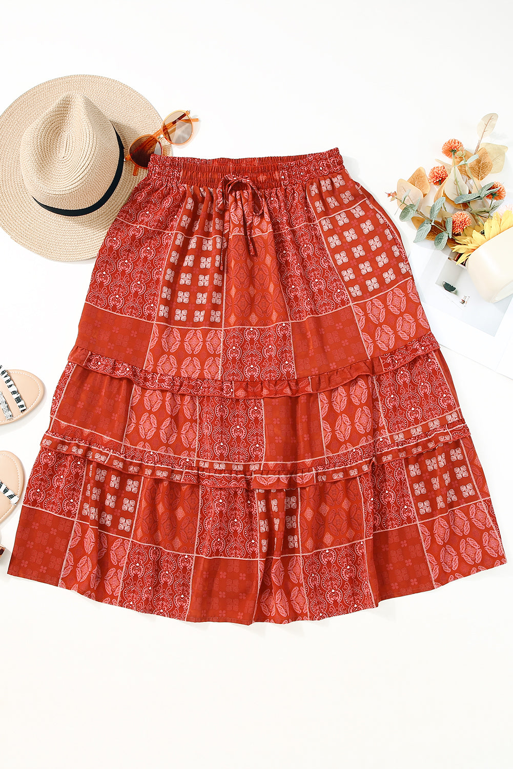 Honeybee Mumford's Fiery Red Bohemian Mix Print Long Flared Skirt