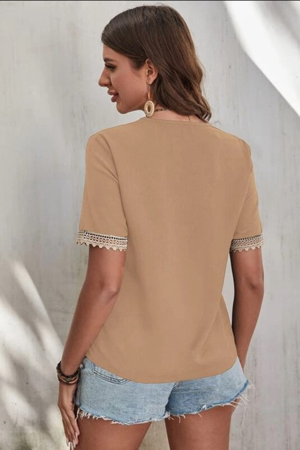 Honeybee Mumford's Lace Detail V-Neck Short Sleeve Blouse