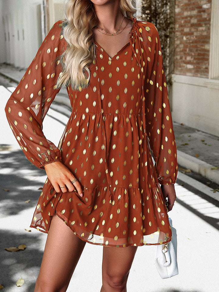 Honeybee Mumford's Tie Neck Long Sleeve Polka Dot short Dress