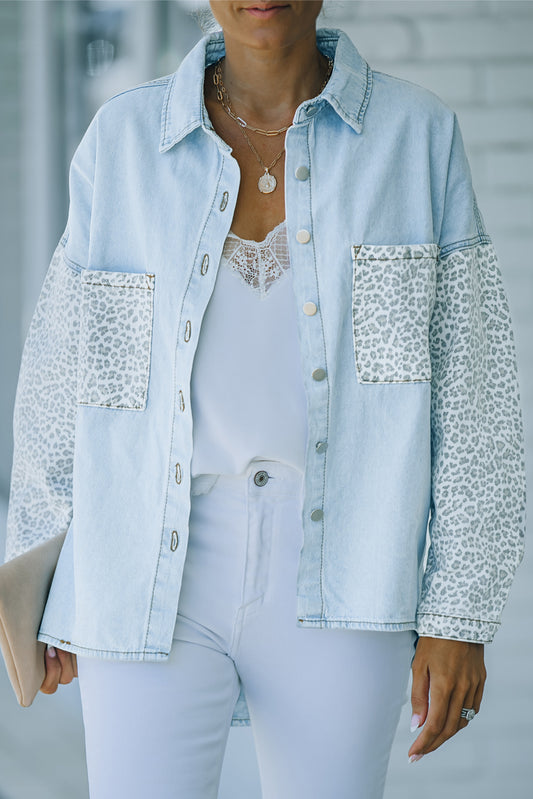 Honeybee Mumford's Sky Blue Contrast Leopard Denim Jacket