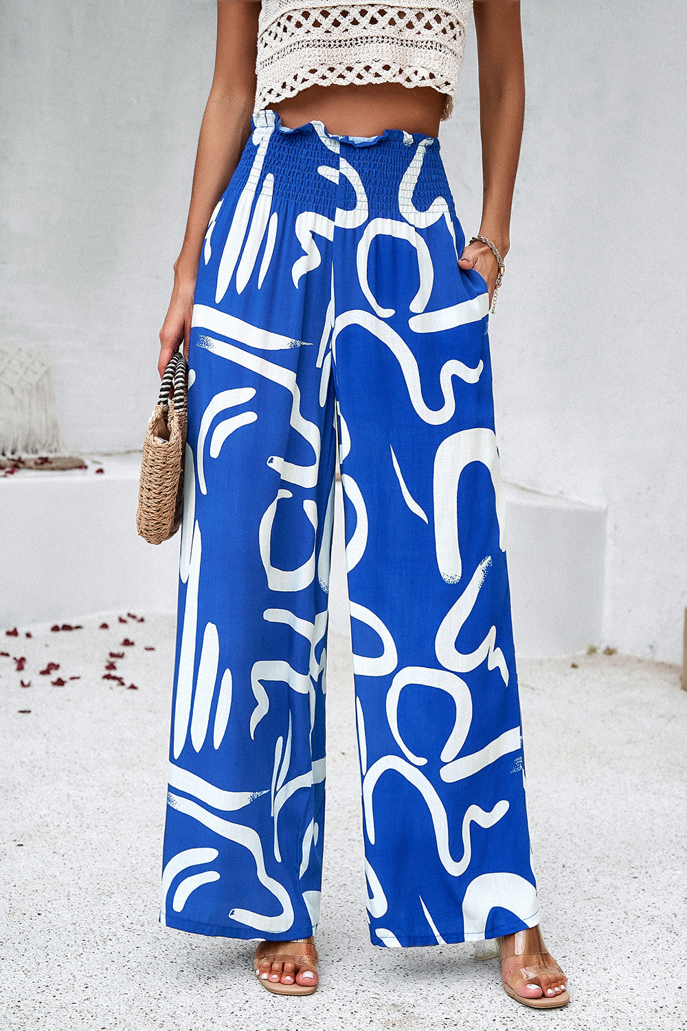 Honeybee Mumford's Smocked Printed Wide Leg Pants with Pockets