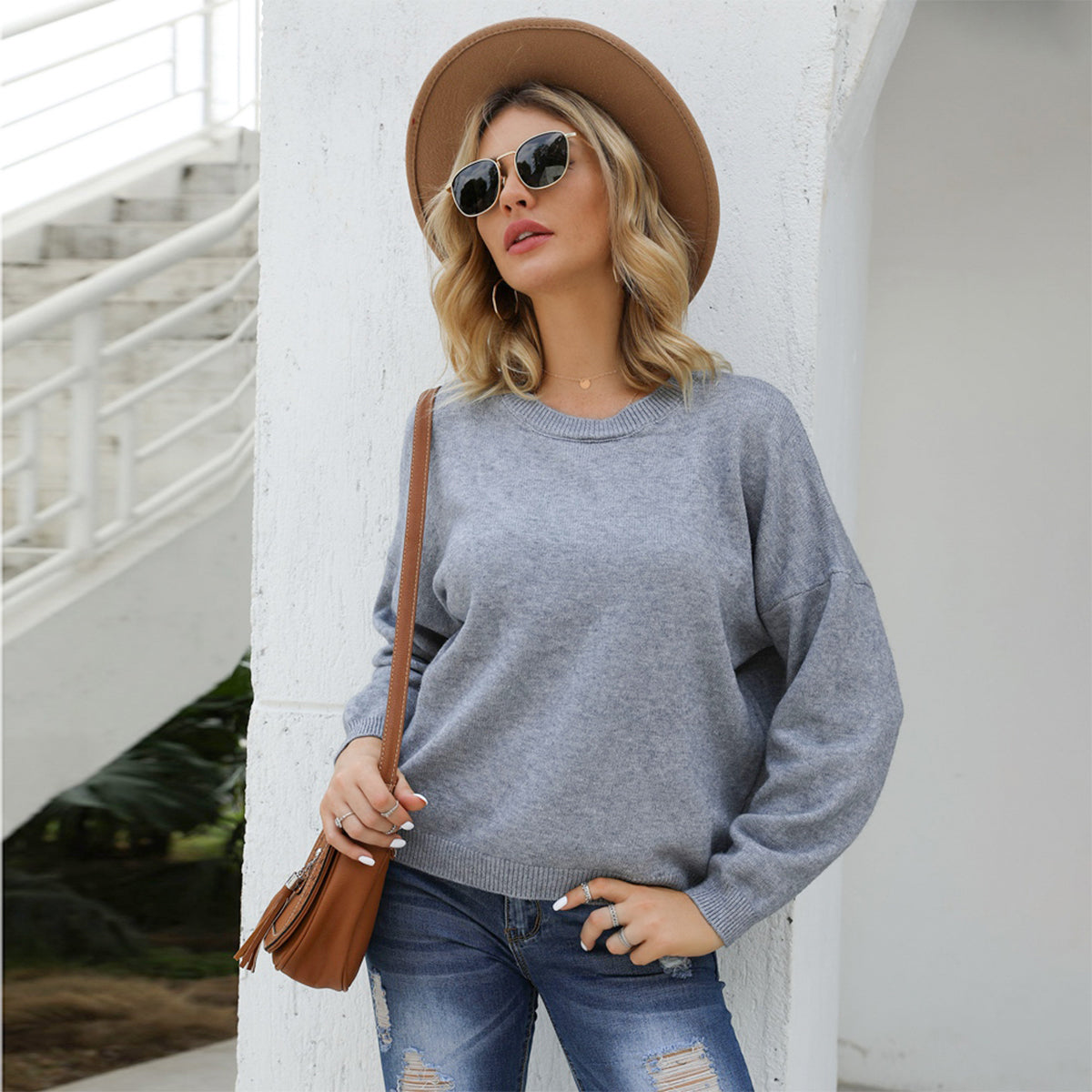 Honeybee Mumford's Round Neck Long Sleeve Drop Shoulder Sweater