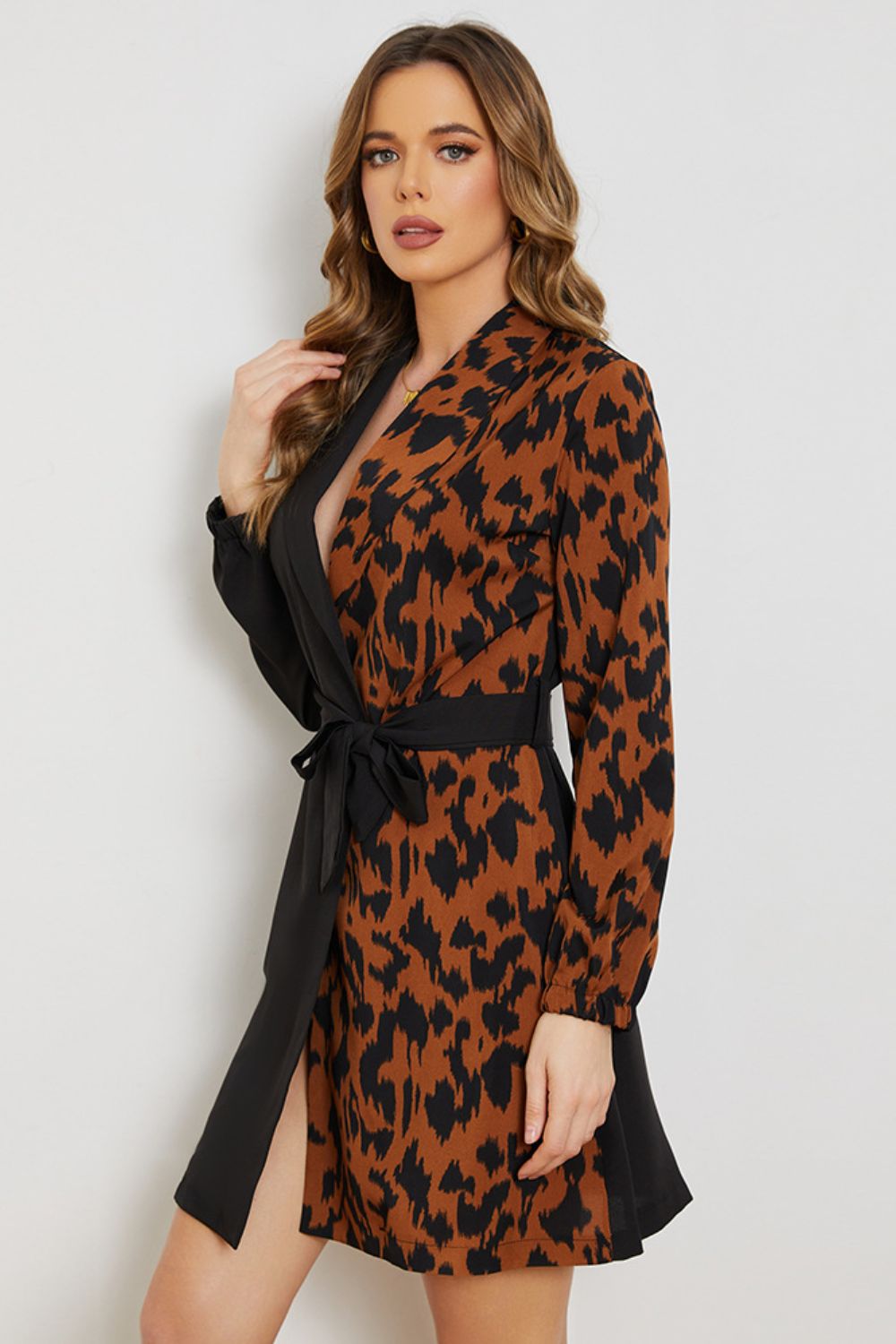 Honeybee Mumford's Leopard Color Block Belted Shawl Collar Dress