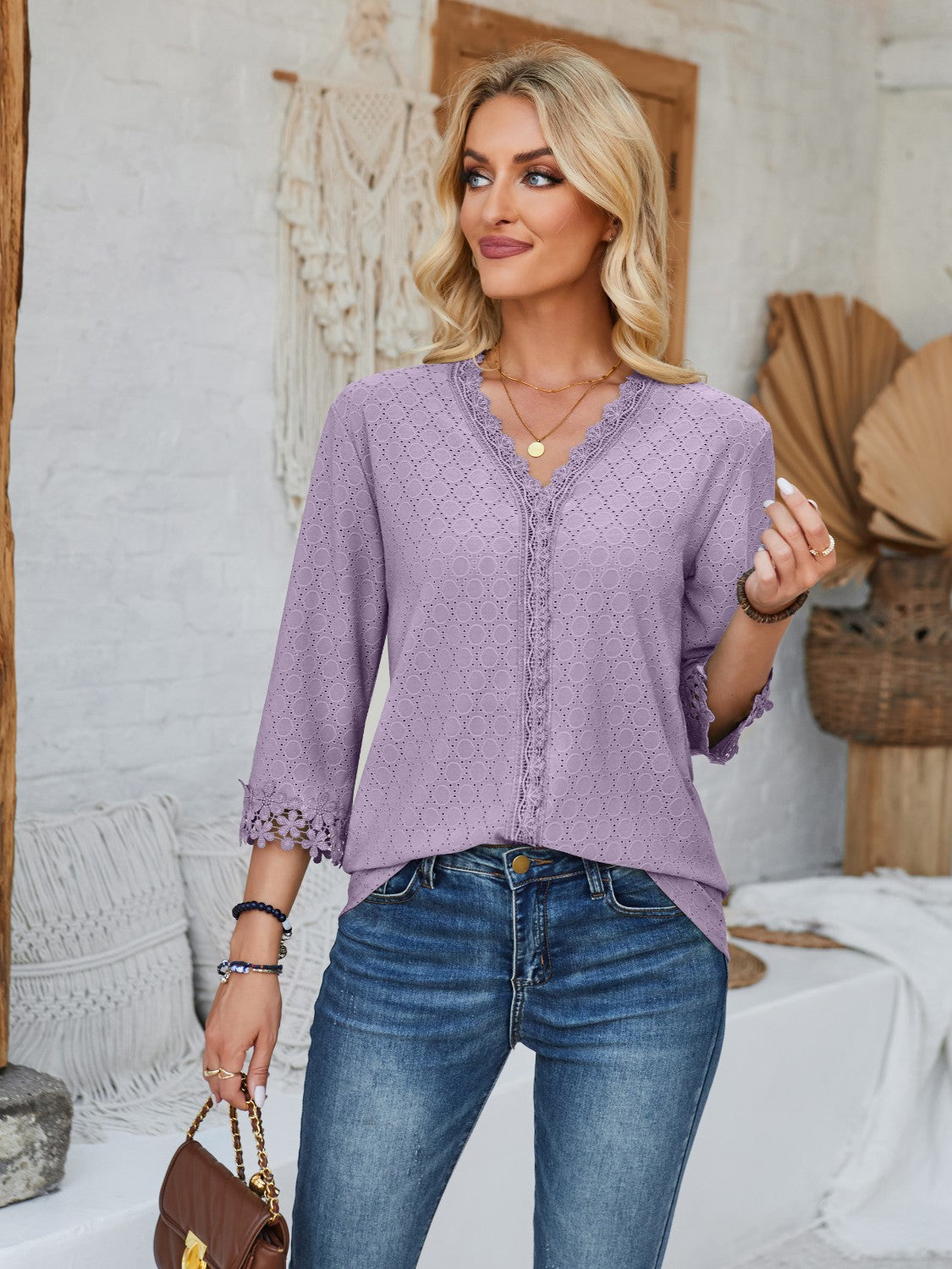 Honeybee Mumford's Lace Detail V-Neck Three-Quarter Sleeve Blouse