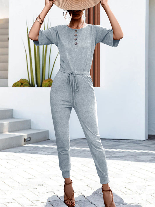 Honeybee Mumford's Buttoned Half Sleeve Round Neck Jumpsuit