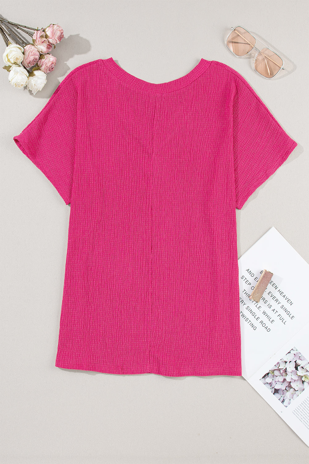 Honeybee Mumford's Bright Pink Crinkled V Neck Wide Sleeve T-shirt