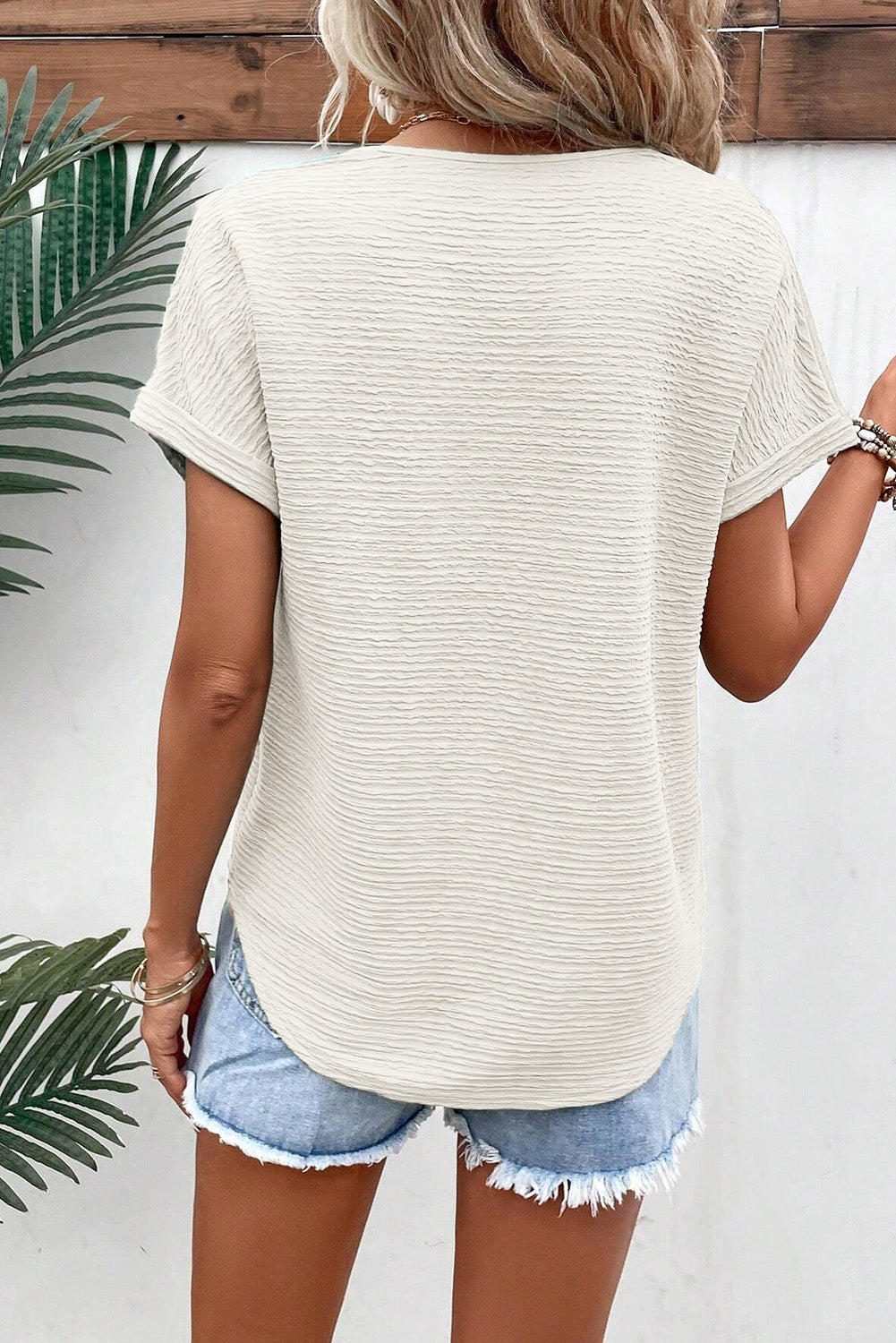 Honeybee Mumford's Pale Khaki Textured Wide Sleeve V Neck T Shirt