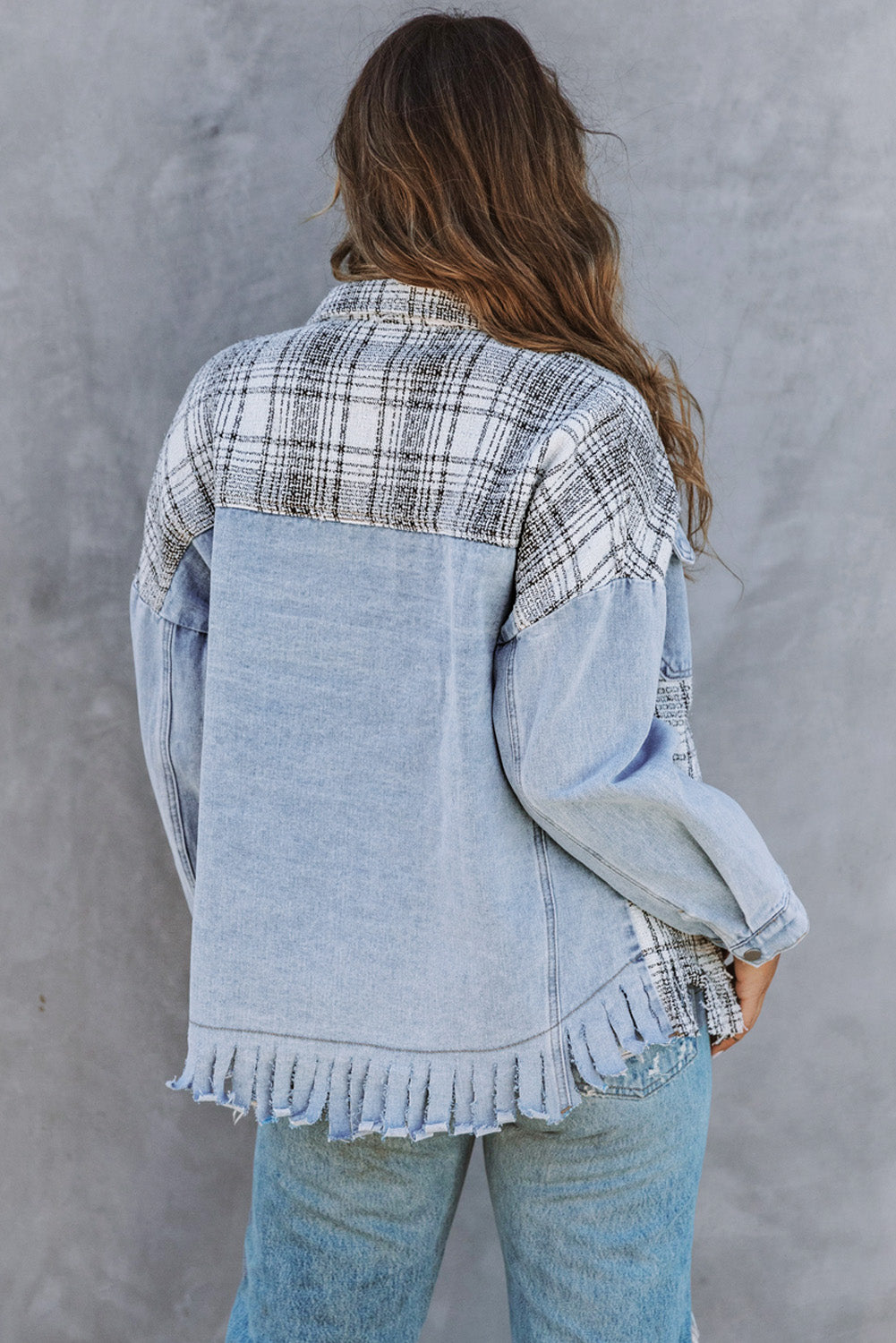 Honeybee Mumford's Sky Blue Plaid Patchwork Fringed Flap Pockets Denim Jacket