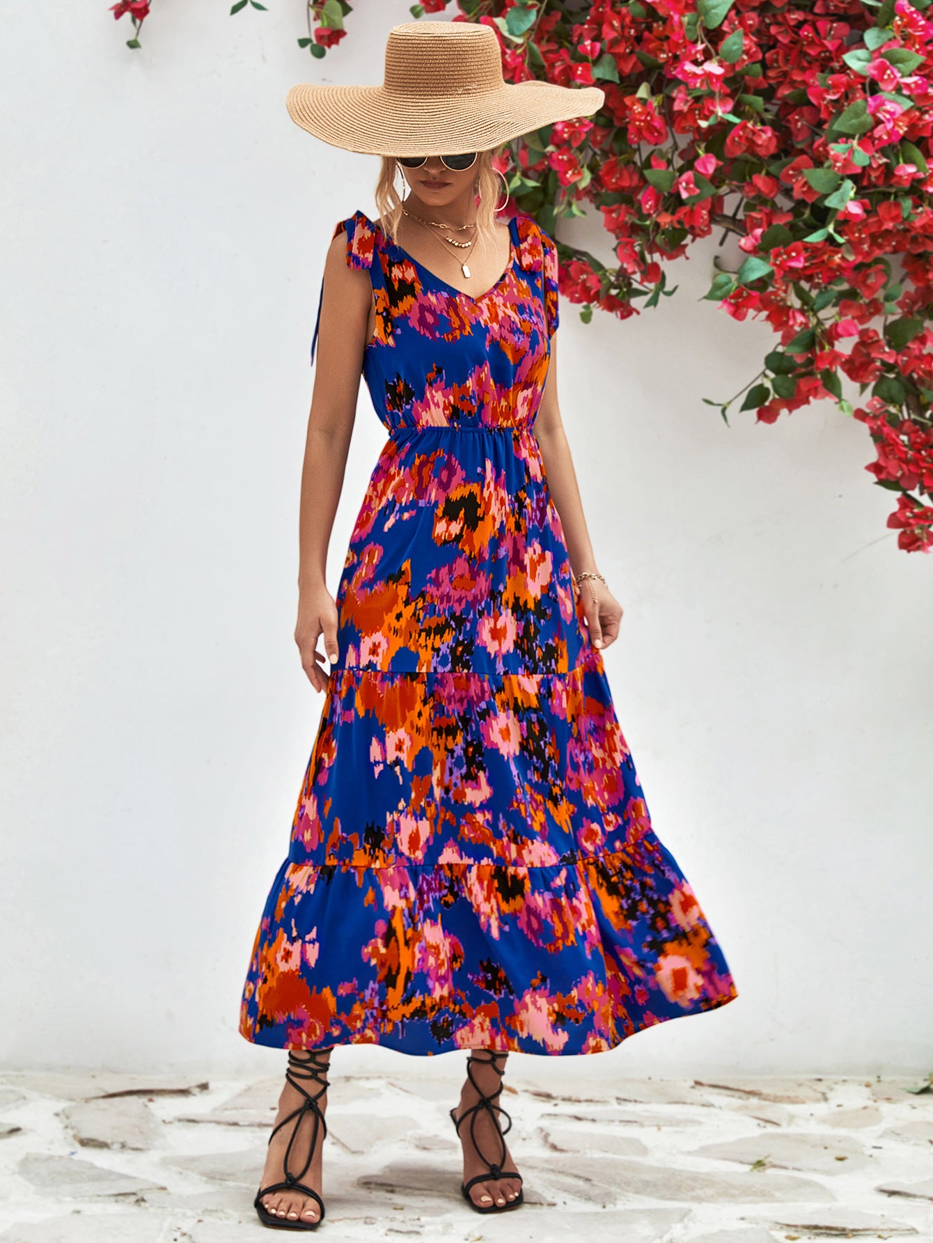 Honeybee Mumford's Multicolored V-Neck Backless Midi Dress