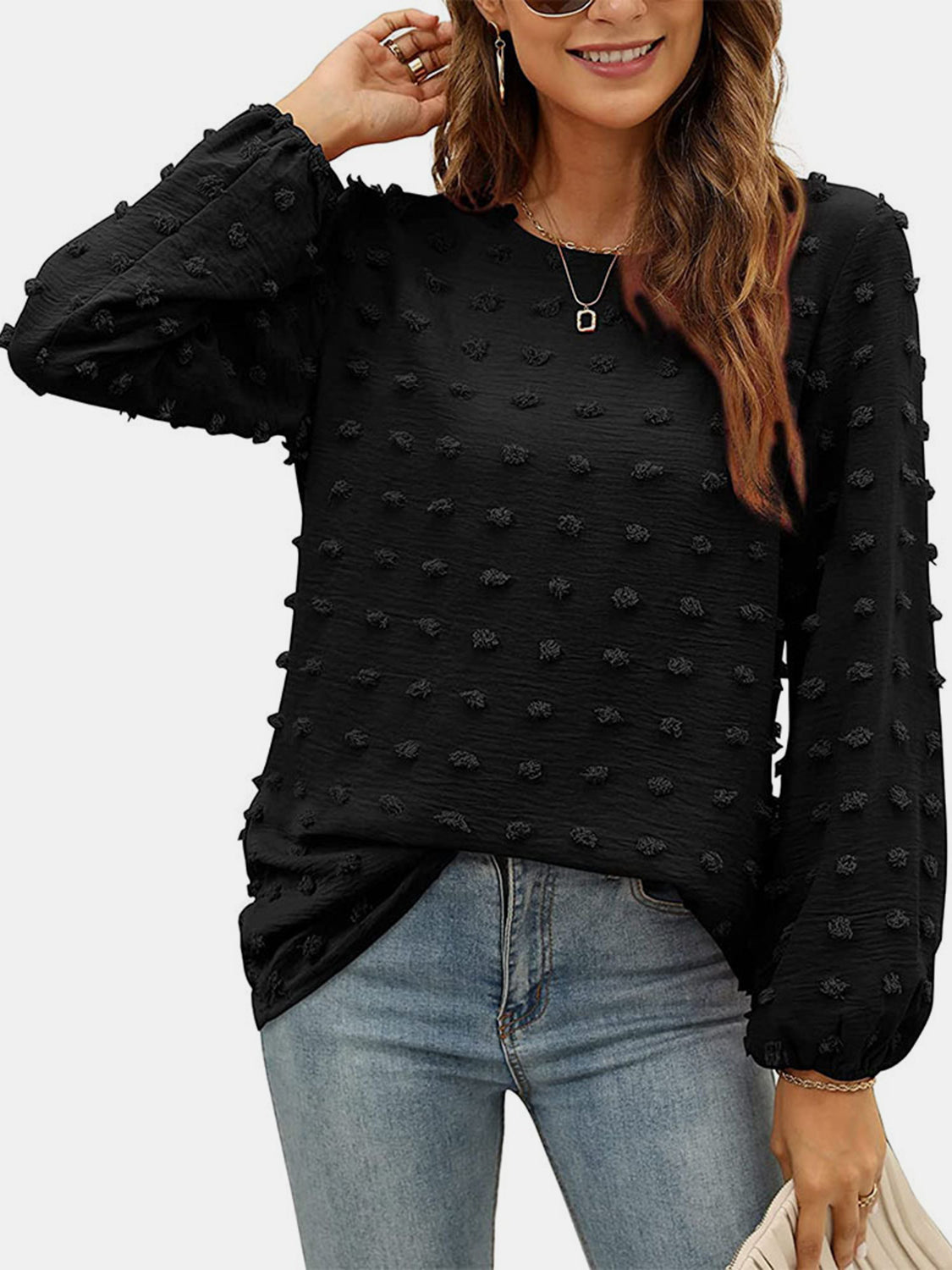 Honeybee Mumford's Swiss Dot Round Neck Long Sleeve Blouse