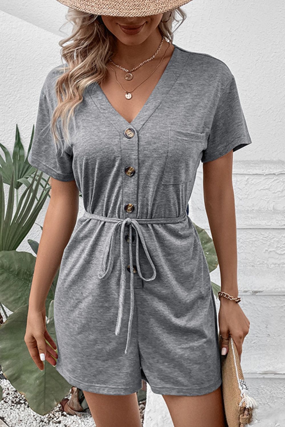 Honeybee Mumford's V-Neck Short Sleeve Tied Romper