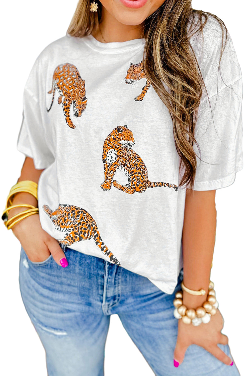 Honeybee Mumford's White Leopard Print Drop Shoulder Casual T Shirt