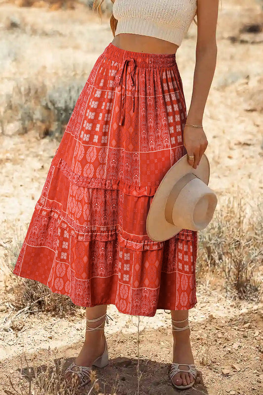 Honeybee Mumford's Fiery Red Bohemian Mix Print Long Flared Skirt