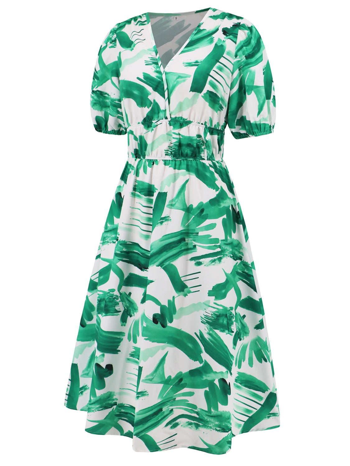 Honeybee Mumford's Ruched Printed Surplice Short Sleeve Dress