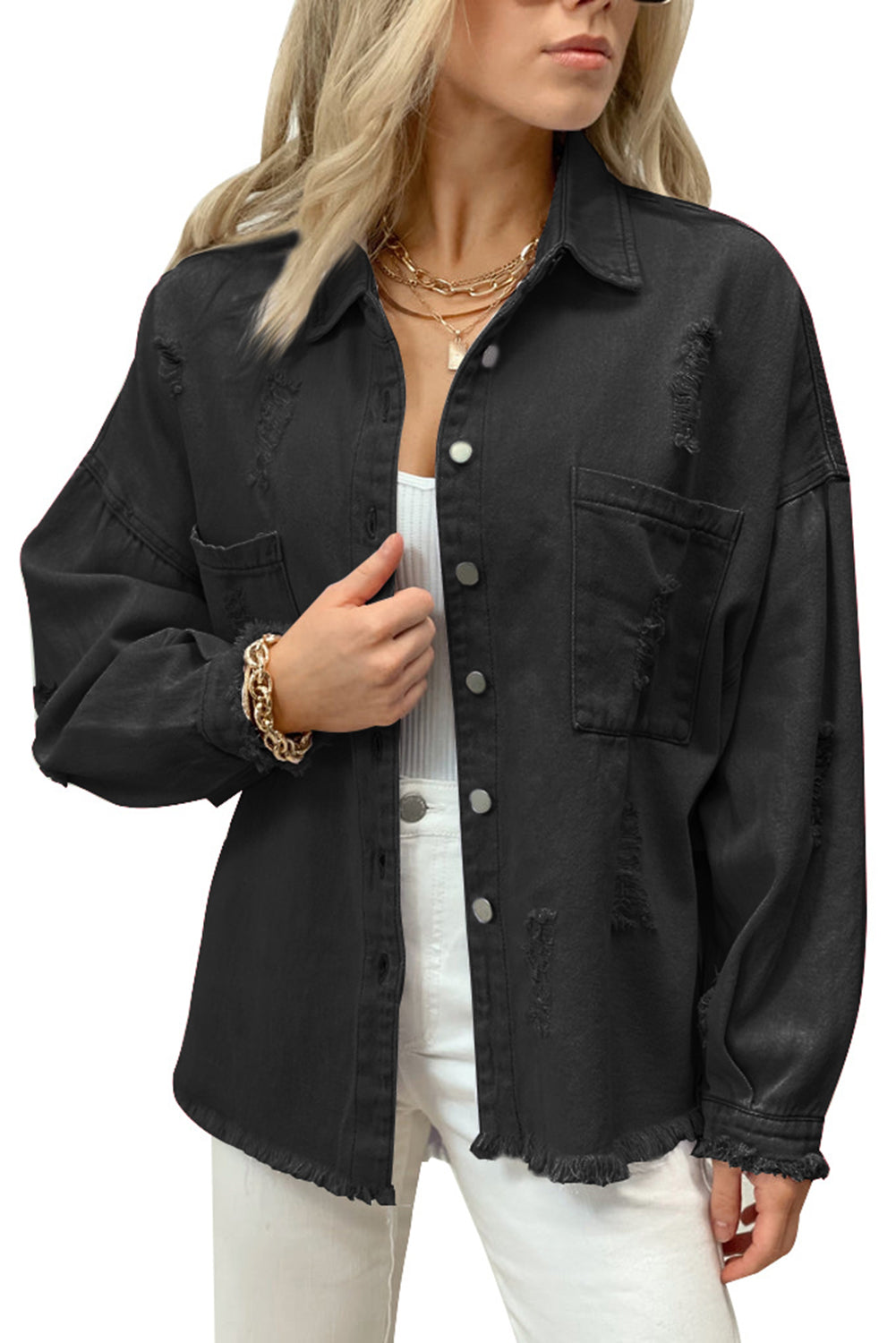 Honeybee Mumford's Black Distressed Fringe Trim Denim Jacket