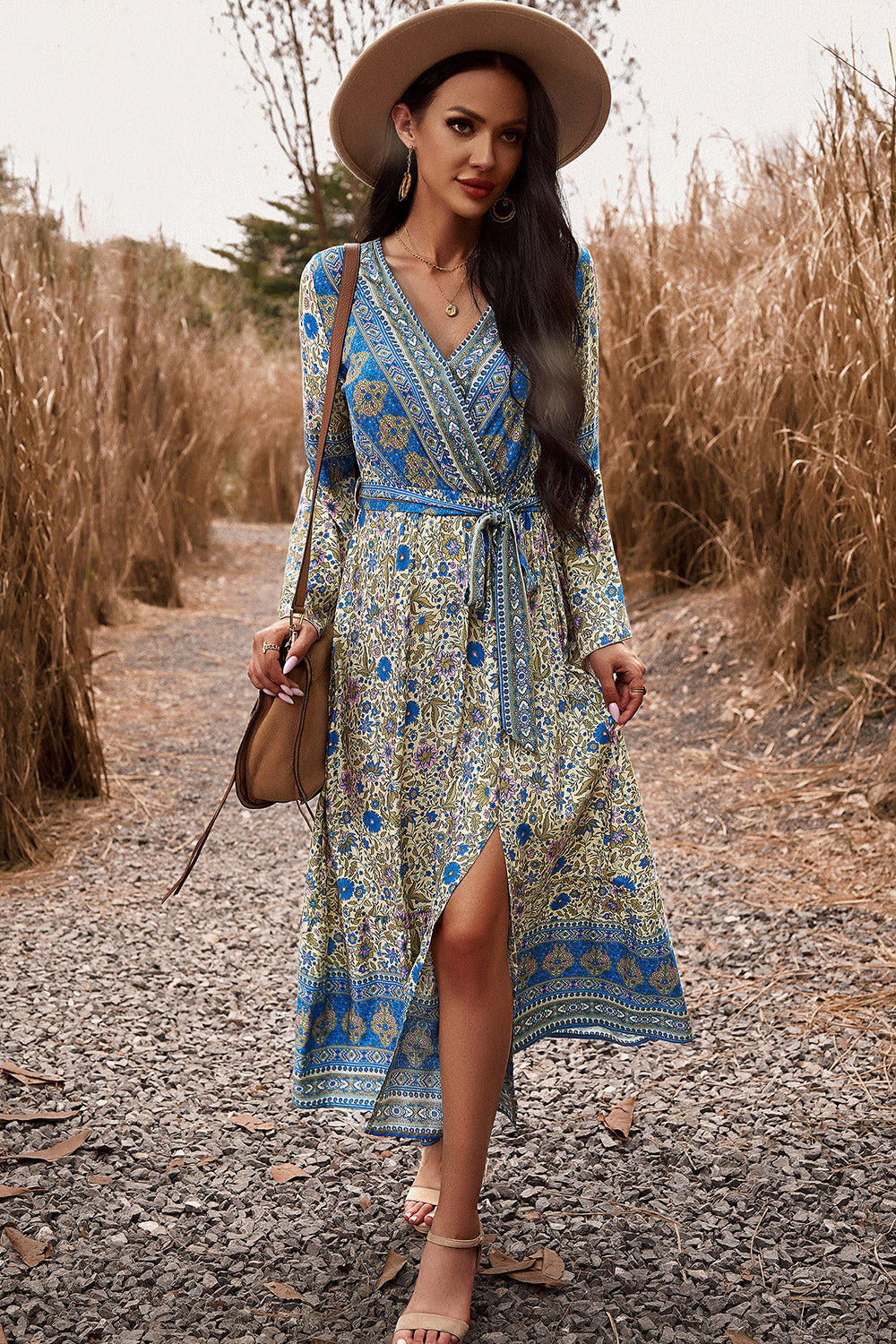 Honeybee Mumford's Casual Bohemian Surplice Neck Slit Dress