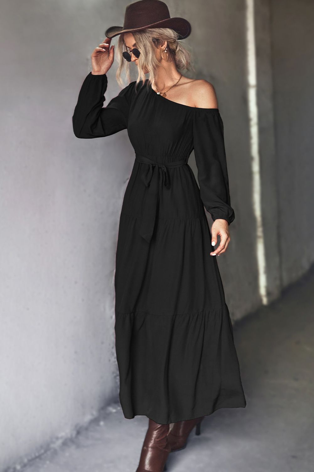 Honeybee Mumford's Black or Green Belted One-Shoulder Tiered Maxi Dress