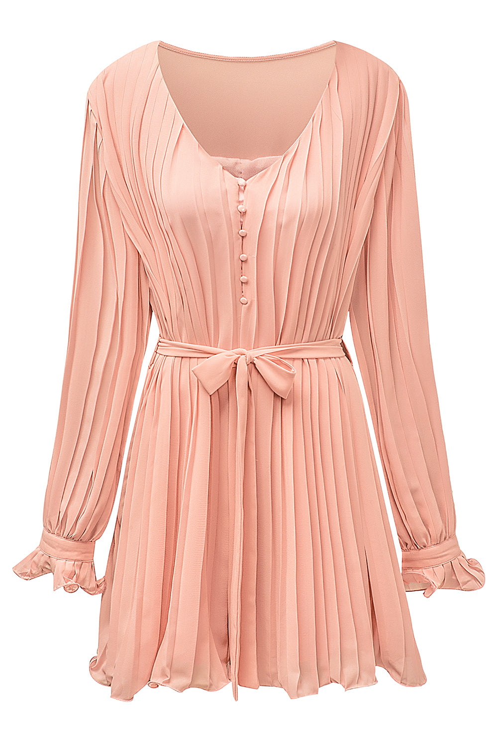 Honeybee Mumford's Pink Pleated Ruffled Tie Waist Buttons V Neck Romper